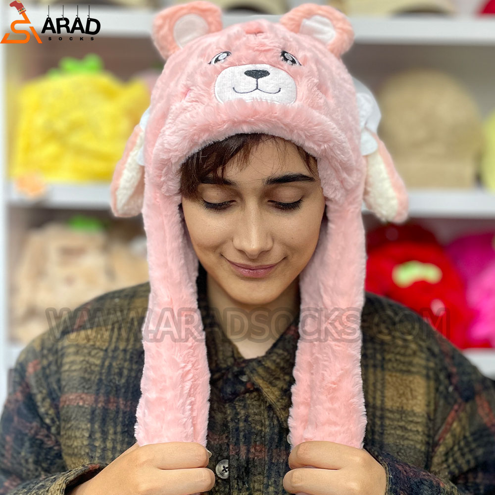 کلاه پمپی طرح خرس صورتی کلاه پمپی طرح خرس صورتی